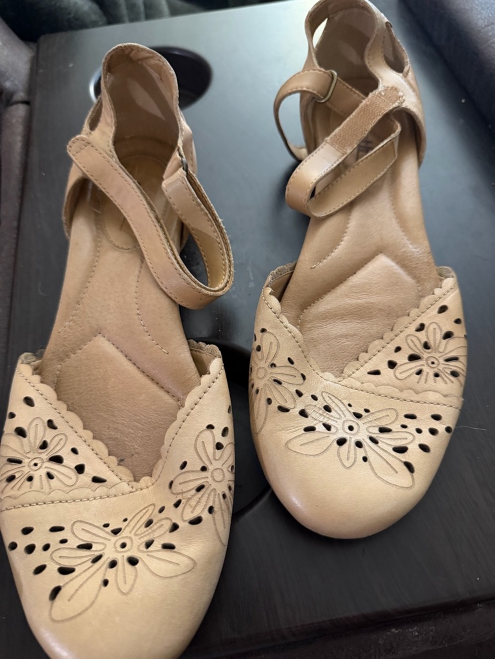 Earth Women's Beige Laser-Cut Ankle-Strap Flats